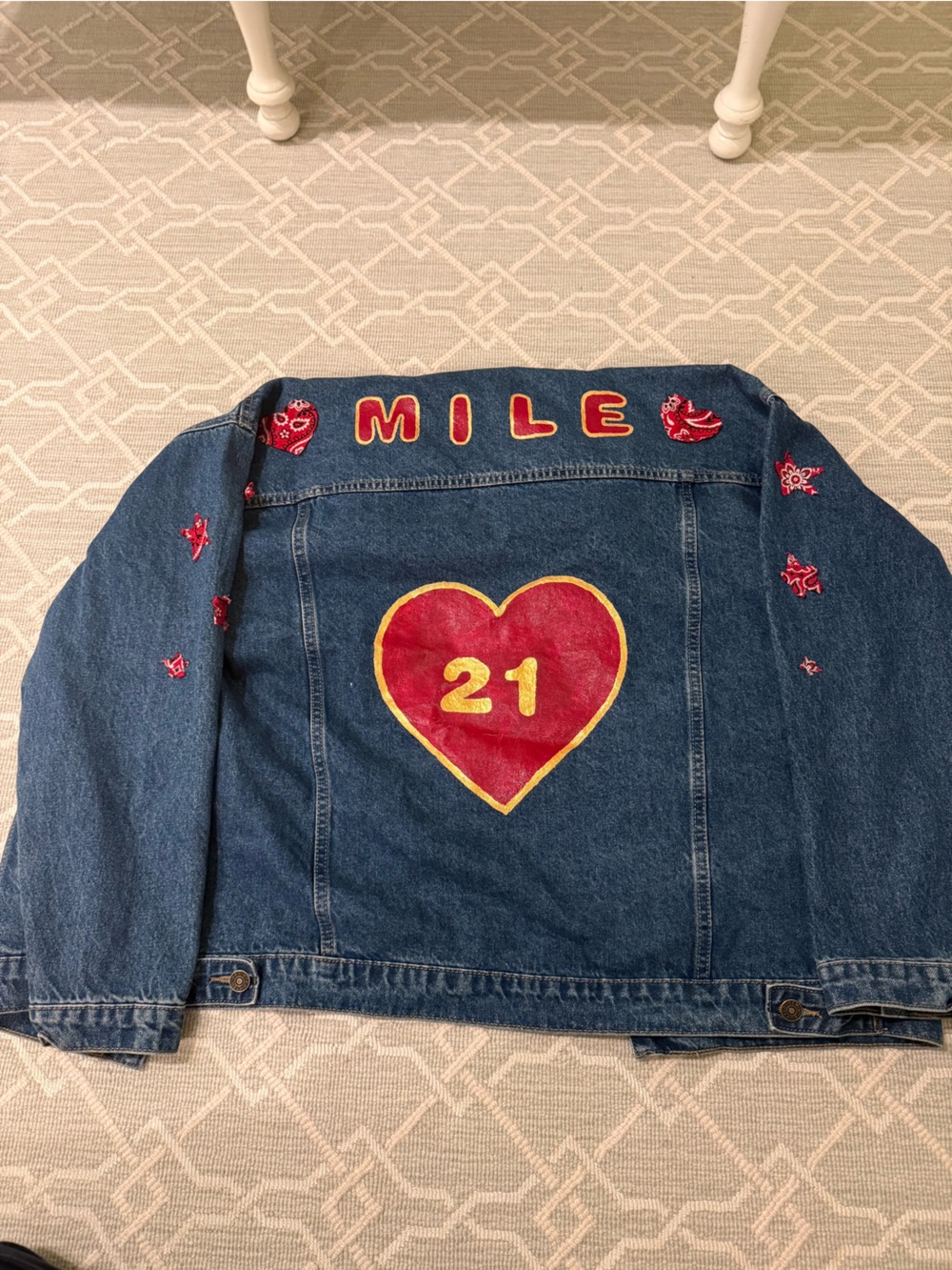 Edikted Blue Denim Jean Jacket with Red Heart Patch and Yellow Accents